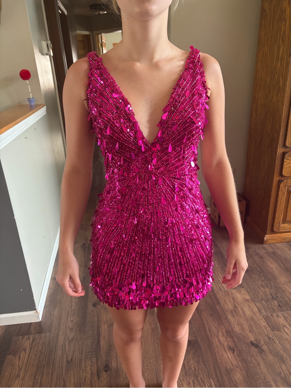 Sherri Hill Hot Pink Sequin Plunge V-Neck Mini Dress
